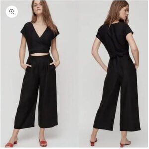 Aritzia Black Sleeveless Jumpsuit linen wide leg wrap top office casual neutral